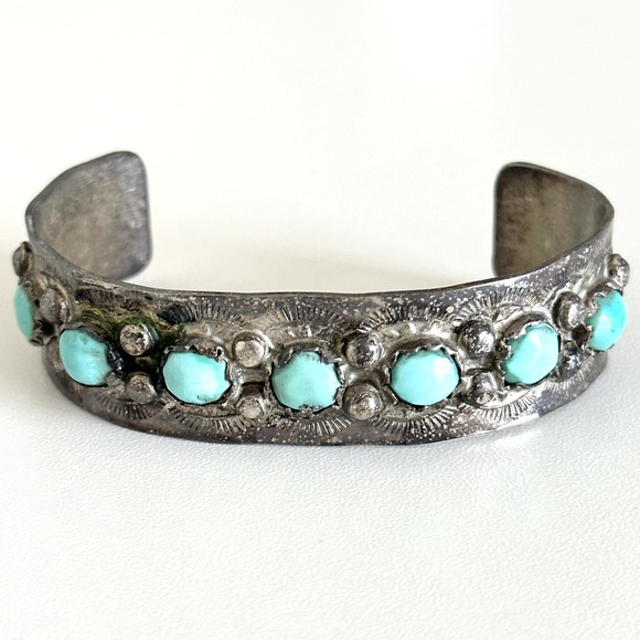 Vintage 925 Sterling Silver Turquoise Native American Etched Cuff Bracelet 6.5" - Picture 1 of 11
